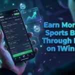 A close-up, over-the-shoulder view of a hand holding a smartphone displaying an active parlay sports bet on the 1Win India ap