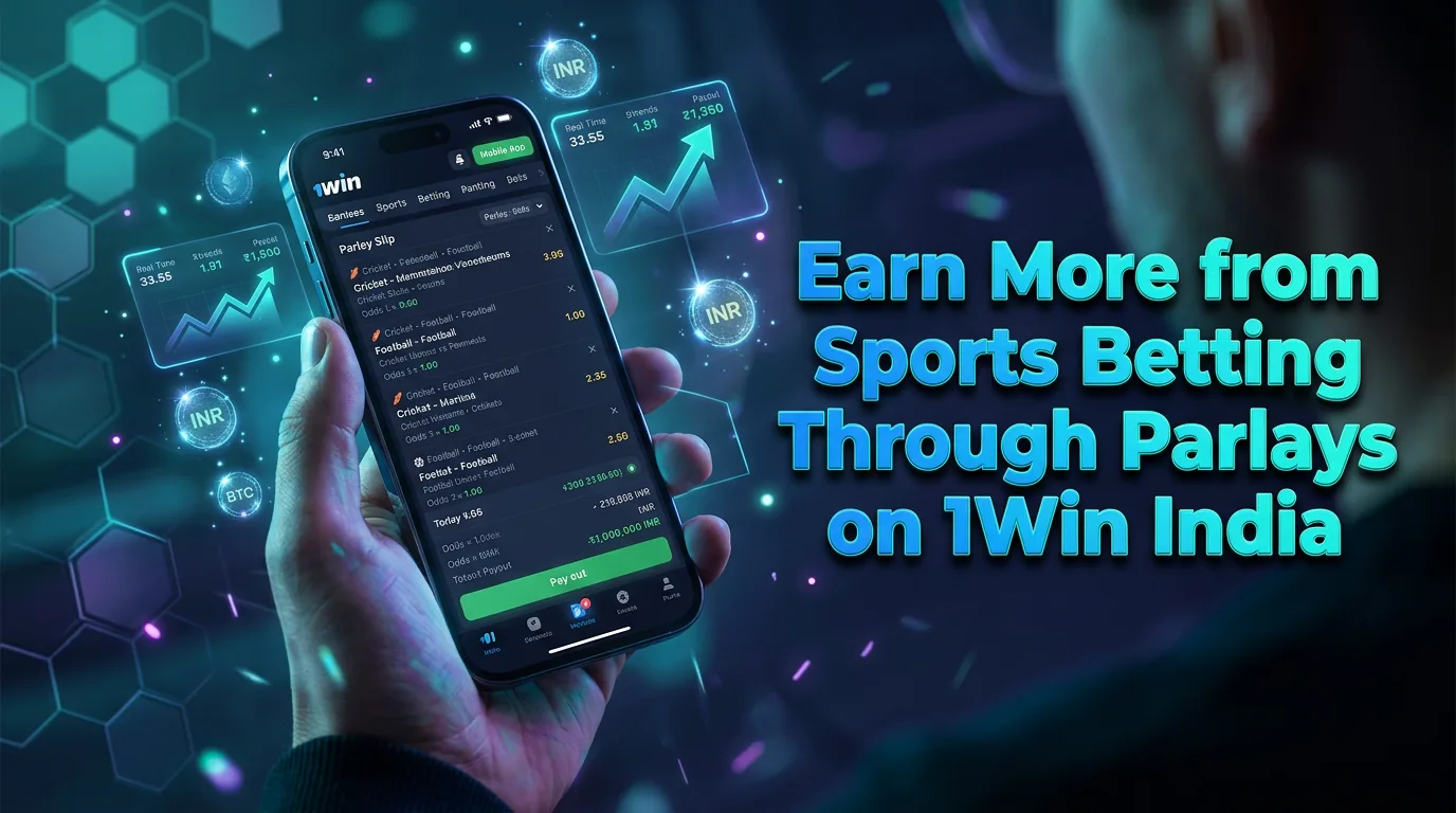 A close-up, over-the-shoulder view of a hand holding a smartphone displaying an active parlay sports bet on the 1Win India ap